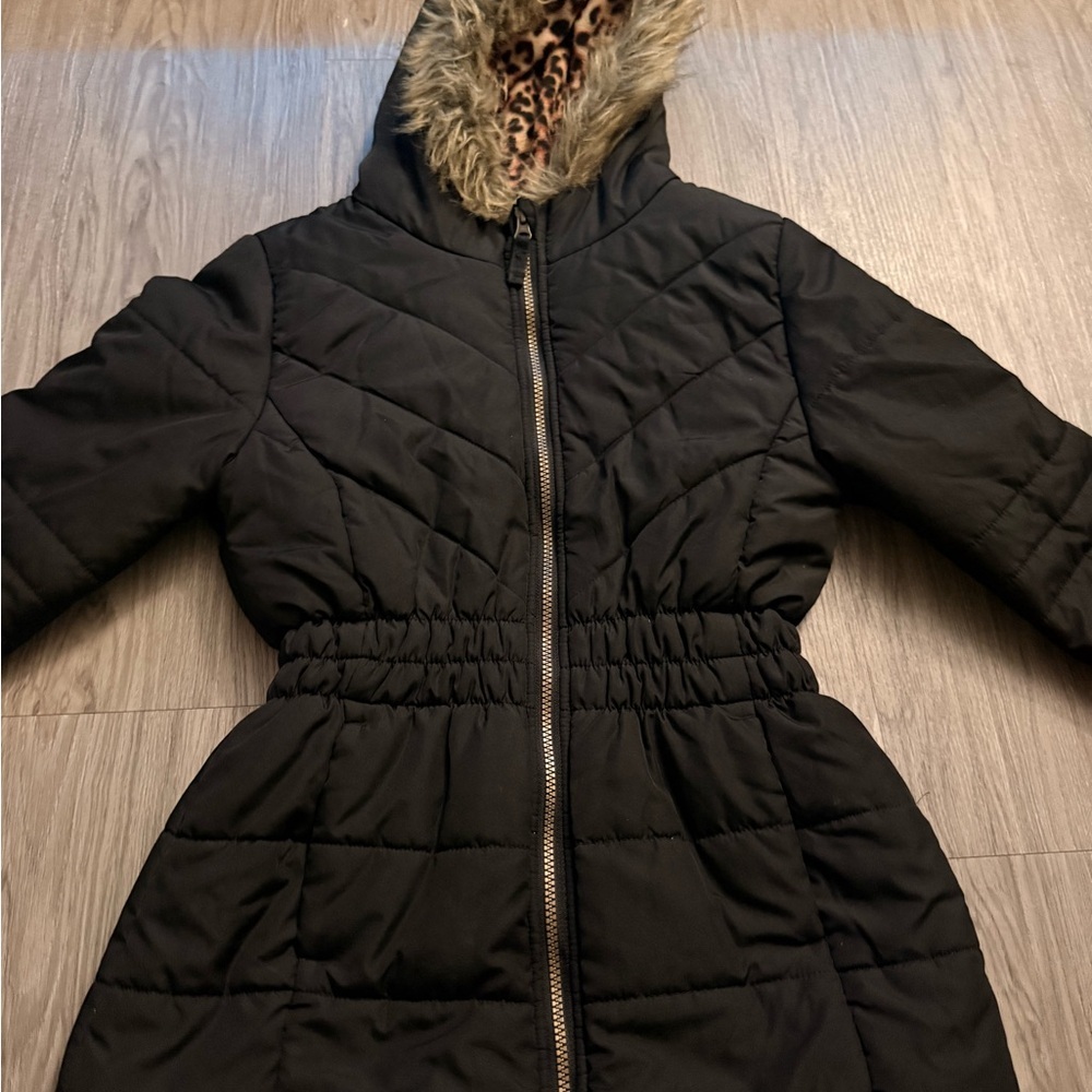 Black Quilted Hooded Puffer Coat with Faux-Fur Trim - Picture 1 of 6